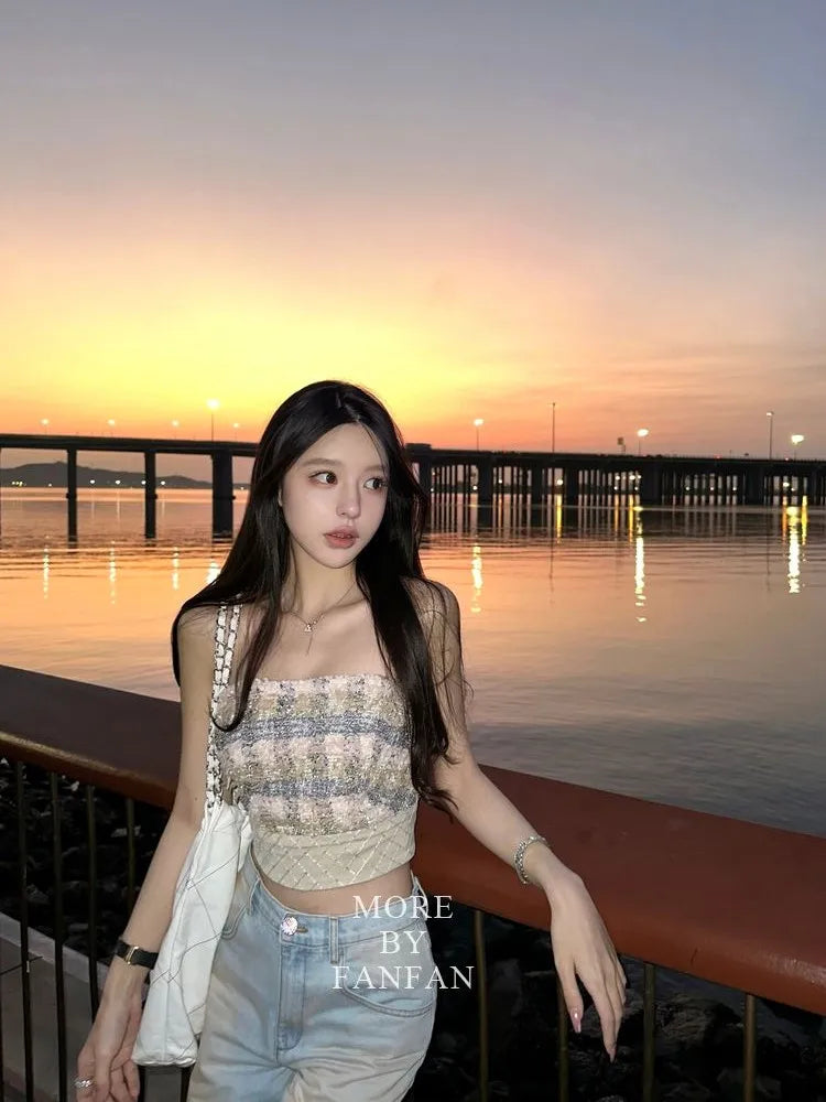 Plaid  Slim Sleeveless Bustier Tube Crop Top