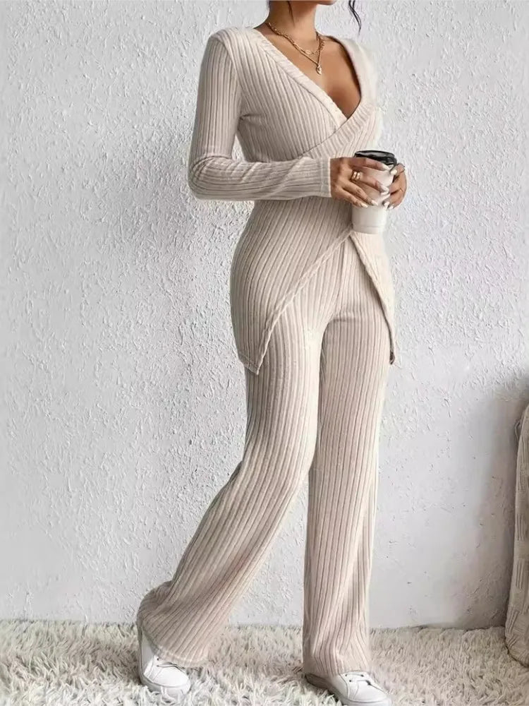 V Neck Slim Cross Tops+High Waist Pants Set