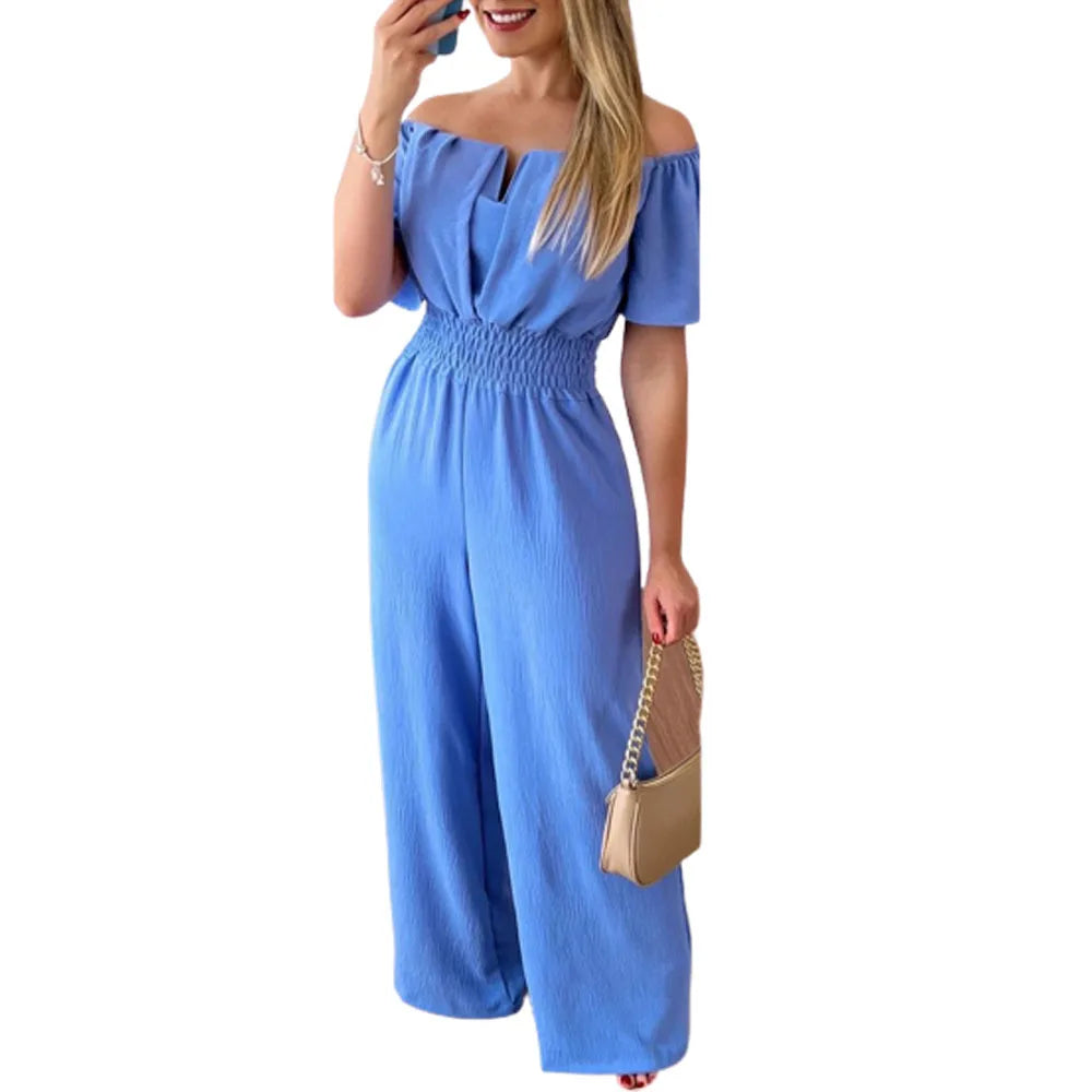 Lady Print High Waist Off Shoulder Wide Leg Pants Jumpsuit