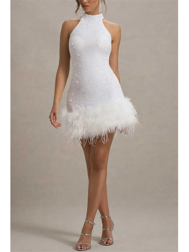 Slim Plush Hem Sleeveless Sequin Dress