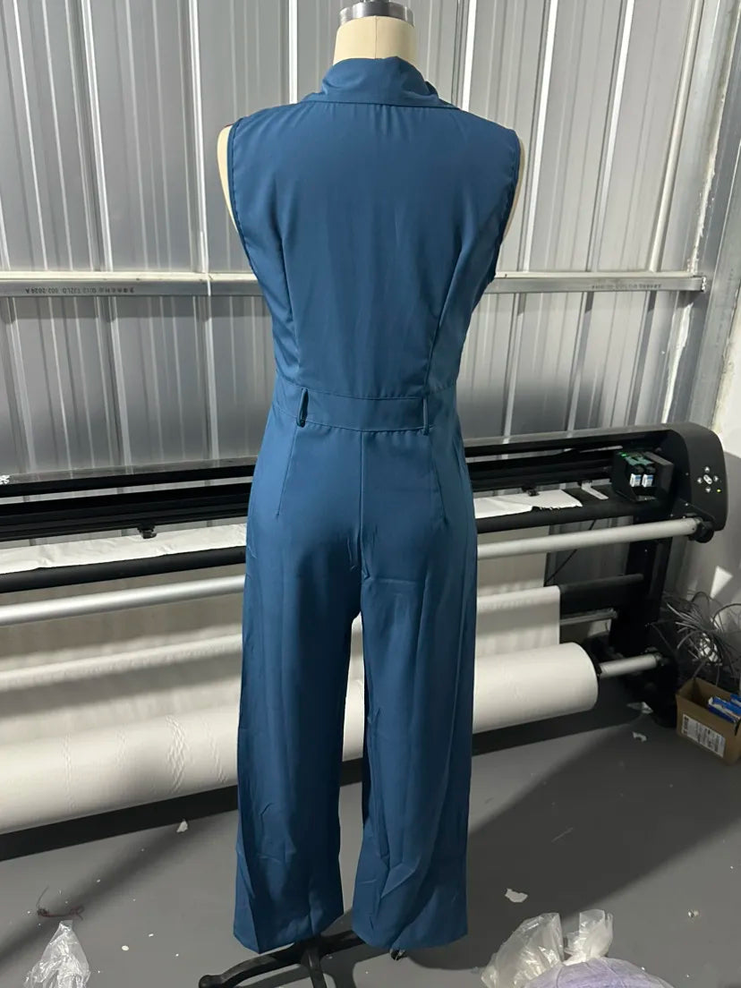 Elegant Jumpsuit Solid Color Zipper One-Piece Jumpsuit Chic Slim Fit Wide Leg Jumpsuit Casual Sleeveless Overalls Women Summer