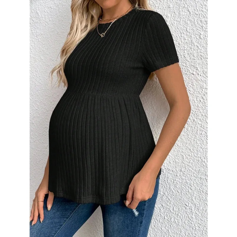 Maternity clothes Maternity Ribbed Short Sleeve Top Comfortable Pregnancy Clothes Solid Color Ruffles Knitwear Blouse T-Shirts