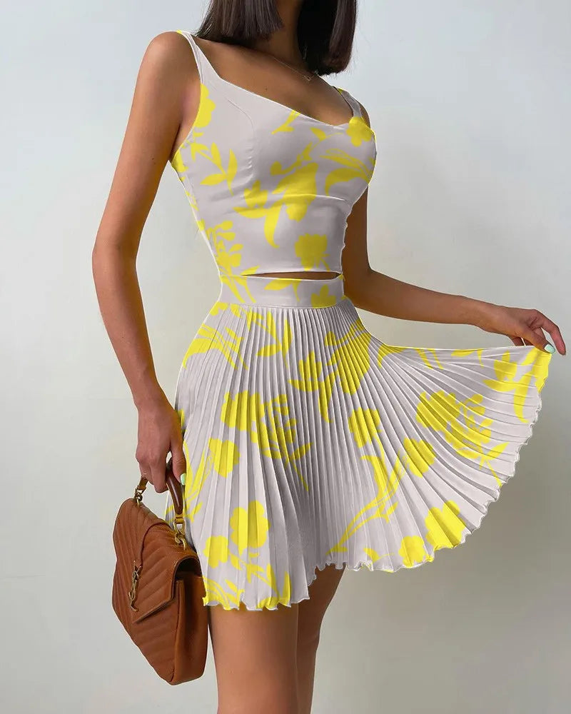 Set Woman 2 Pieces Summer New Printed Slim High Waist Dress Set Camisole and Pleated SkirtSet of Holiday Party Club Women Dress
