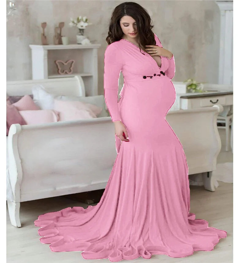 Elegant Long Sleeve V-Neck Photo Shoot Maternity Dress