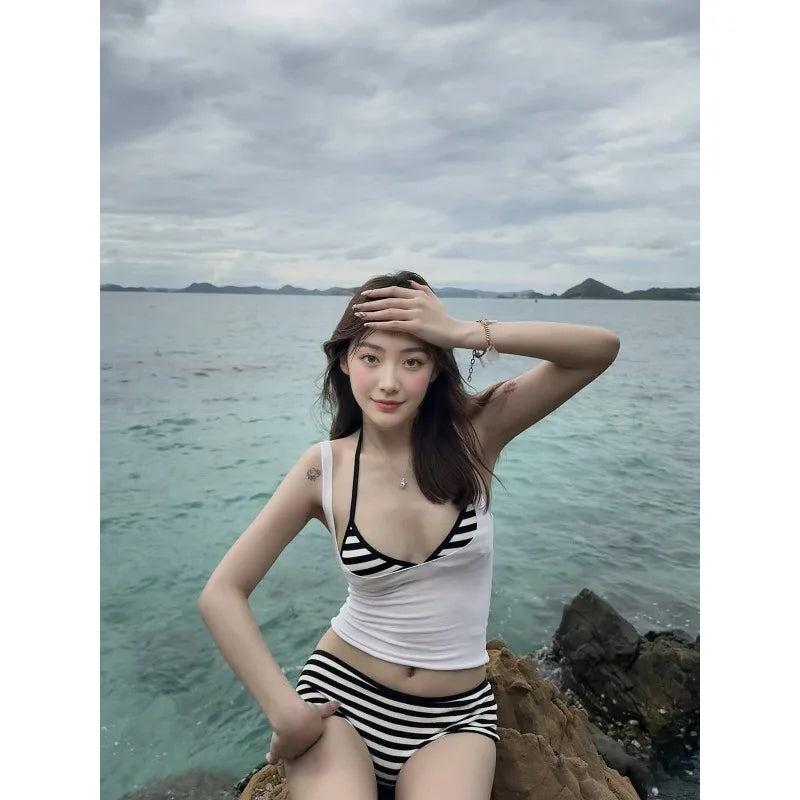 Thailand Retro Black White Stripe Swimwear