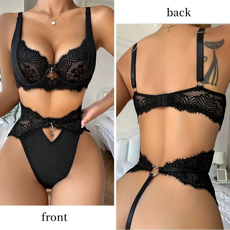 Black Lace Patchwork and Pendant Decoration Lingerie