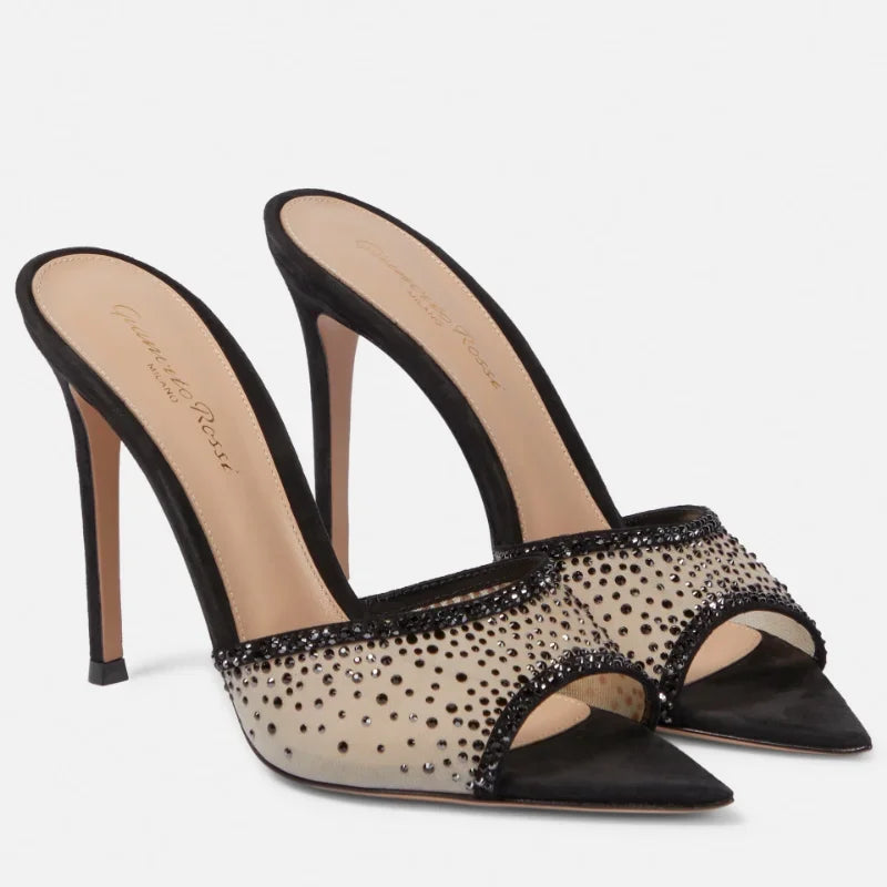 High-heeled Pointed Toe Rhinestone Slippers