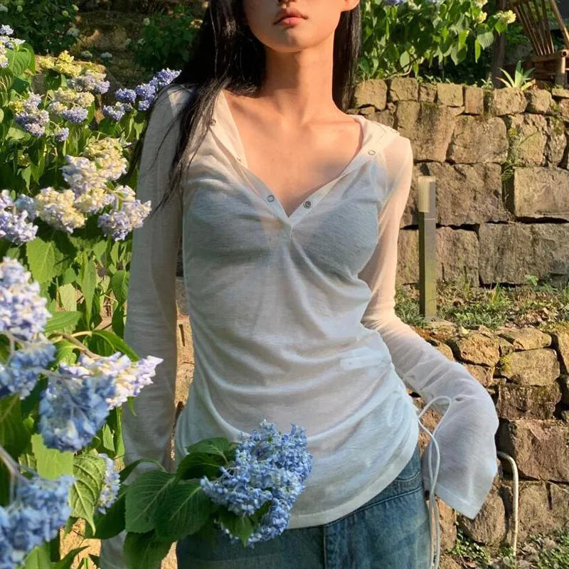 See-Through Hooded Long-Sleeve Top
