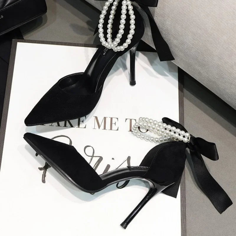 String Bead Pearl Pointed Toe High Heels