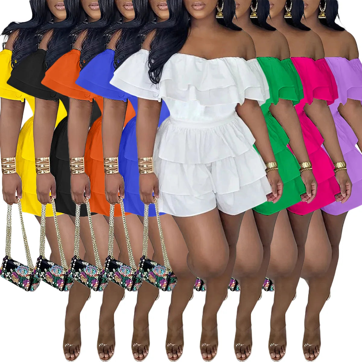 Summer Ruffles Playsuit Sexy Women Slash Neck Elegant Streetwear Club Romper Overalls