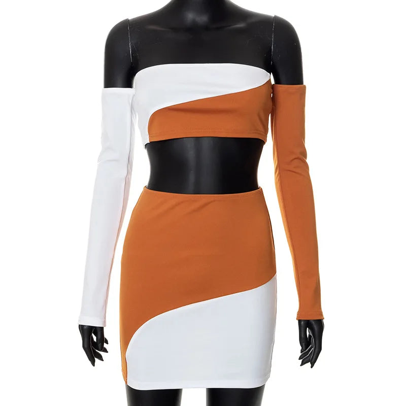 A Line Shoulder Wrap Chest Long Sleeve Skirt Set