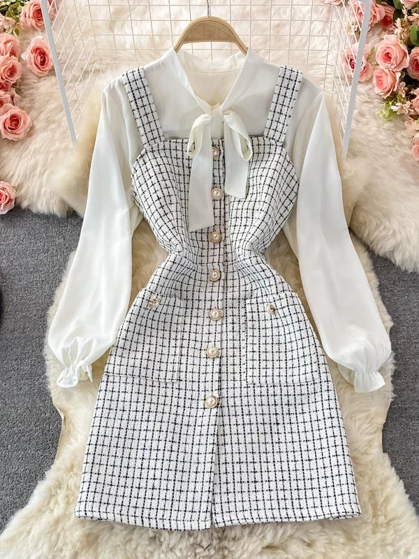 Bowtied Collar White Blouse Mini Tweed Dress