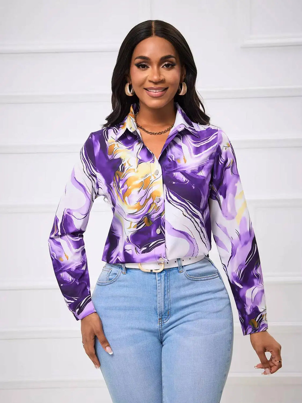 Satin Purple Gold Marble Print Collared Blouse