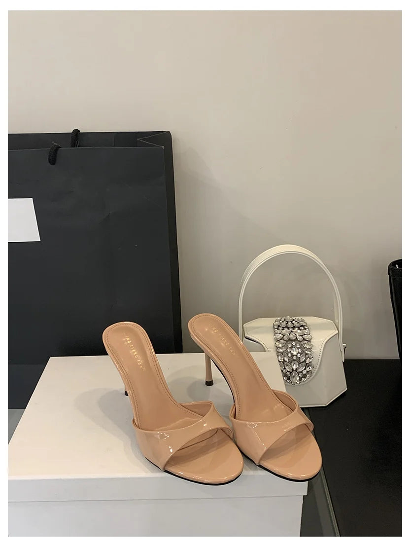 Mule Patent Leather Thin Open Toe High Heel Slides