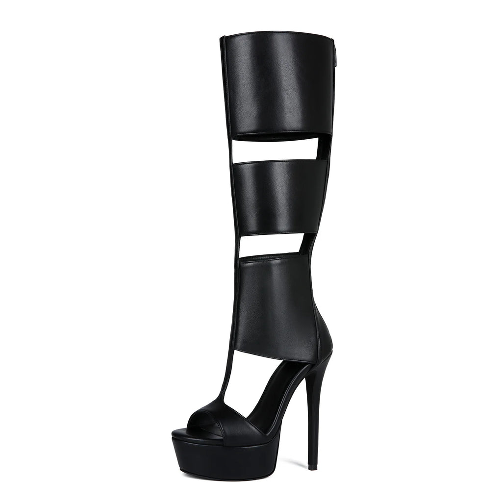 Belted Peep Toe Black Gladiator Stiletto Boots