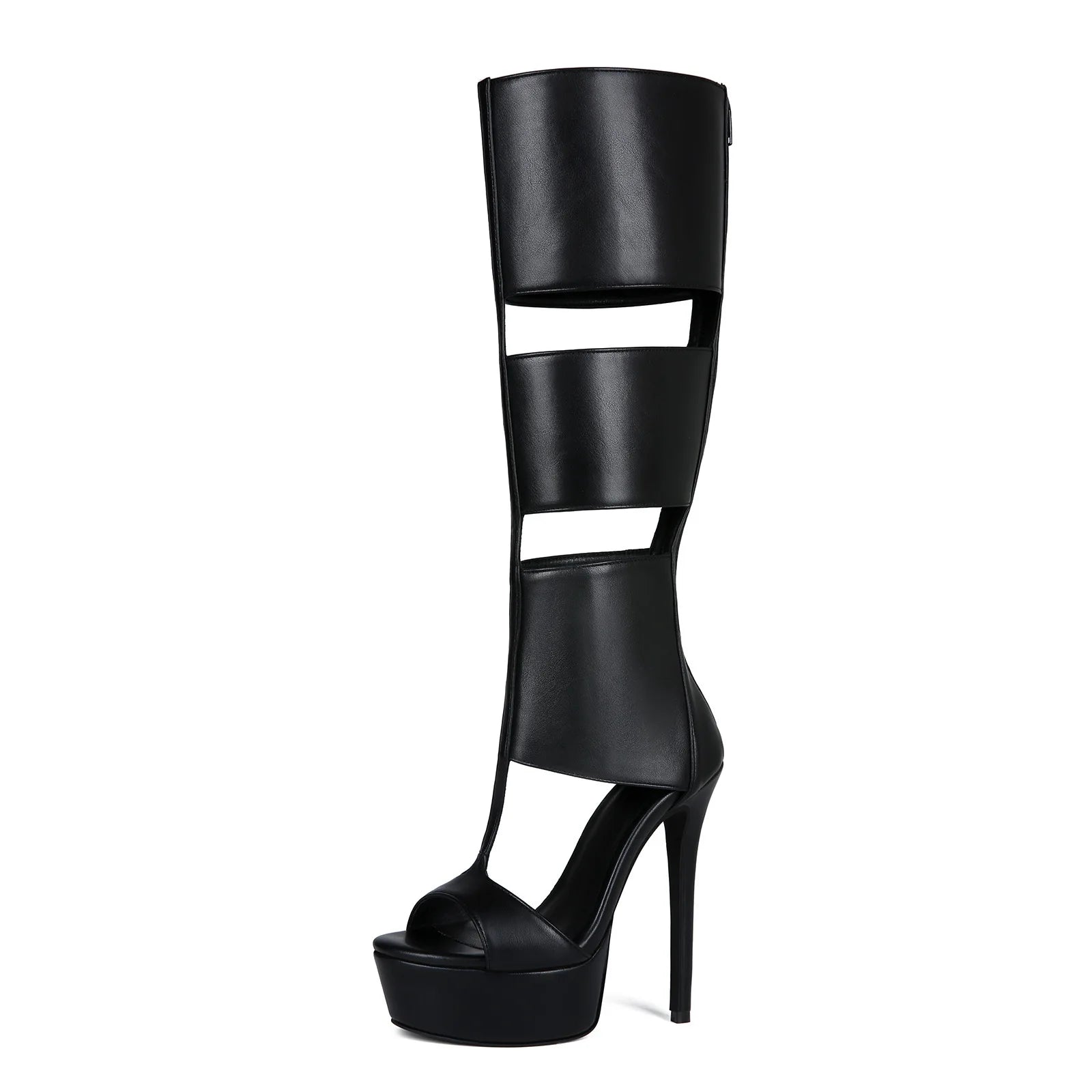 Belted Peep Toe Black Gladiator Stiletto Boots