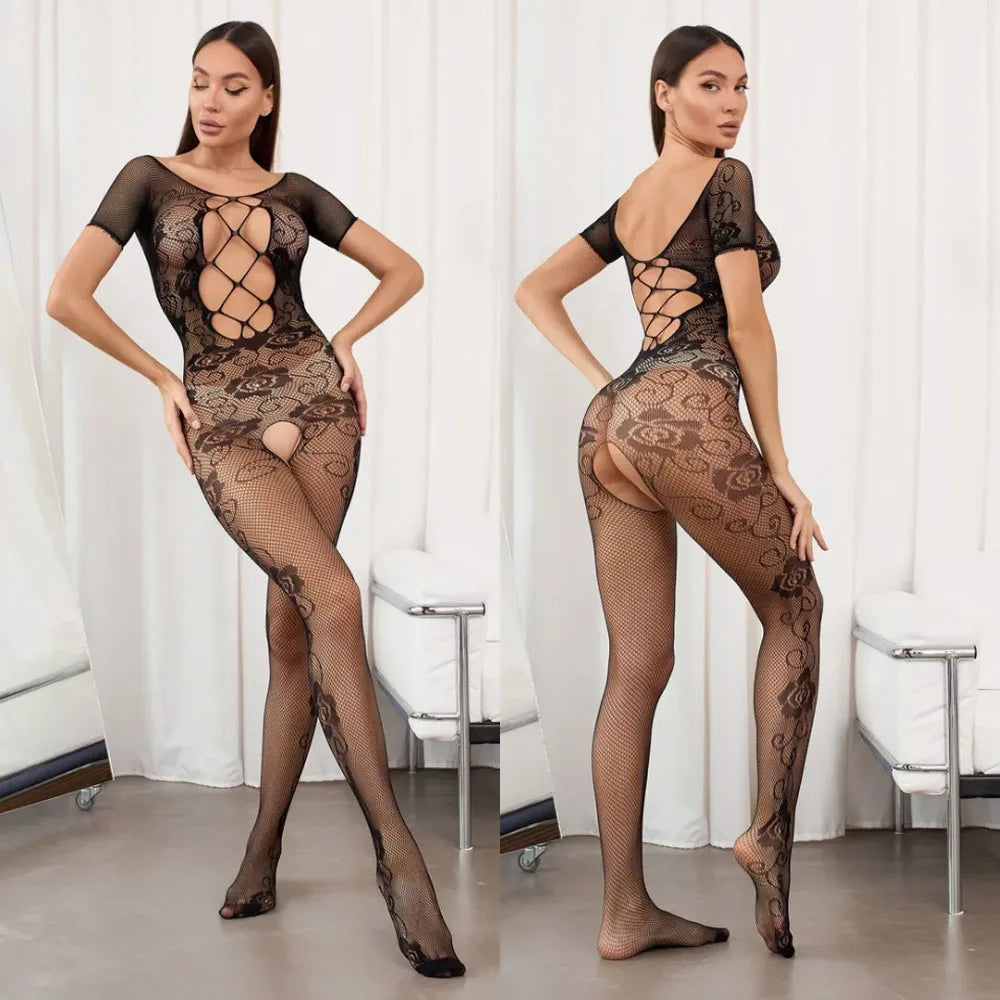 Fishnet Mesh Crotchless Hollow Stretch Teddy Bodystockings