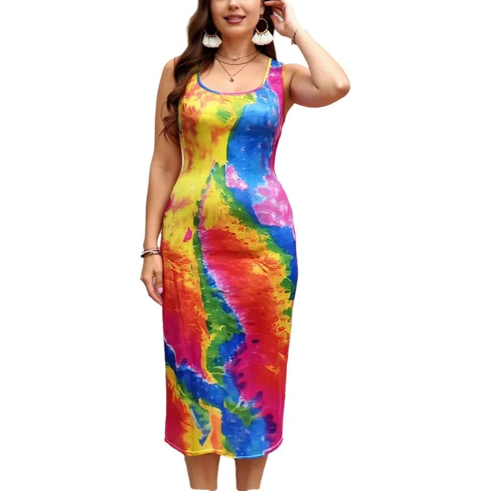 U Neck Tie Dye Print Bodycon Midi Dress