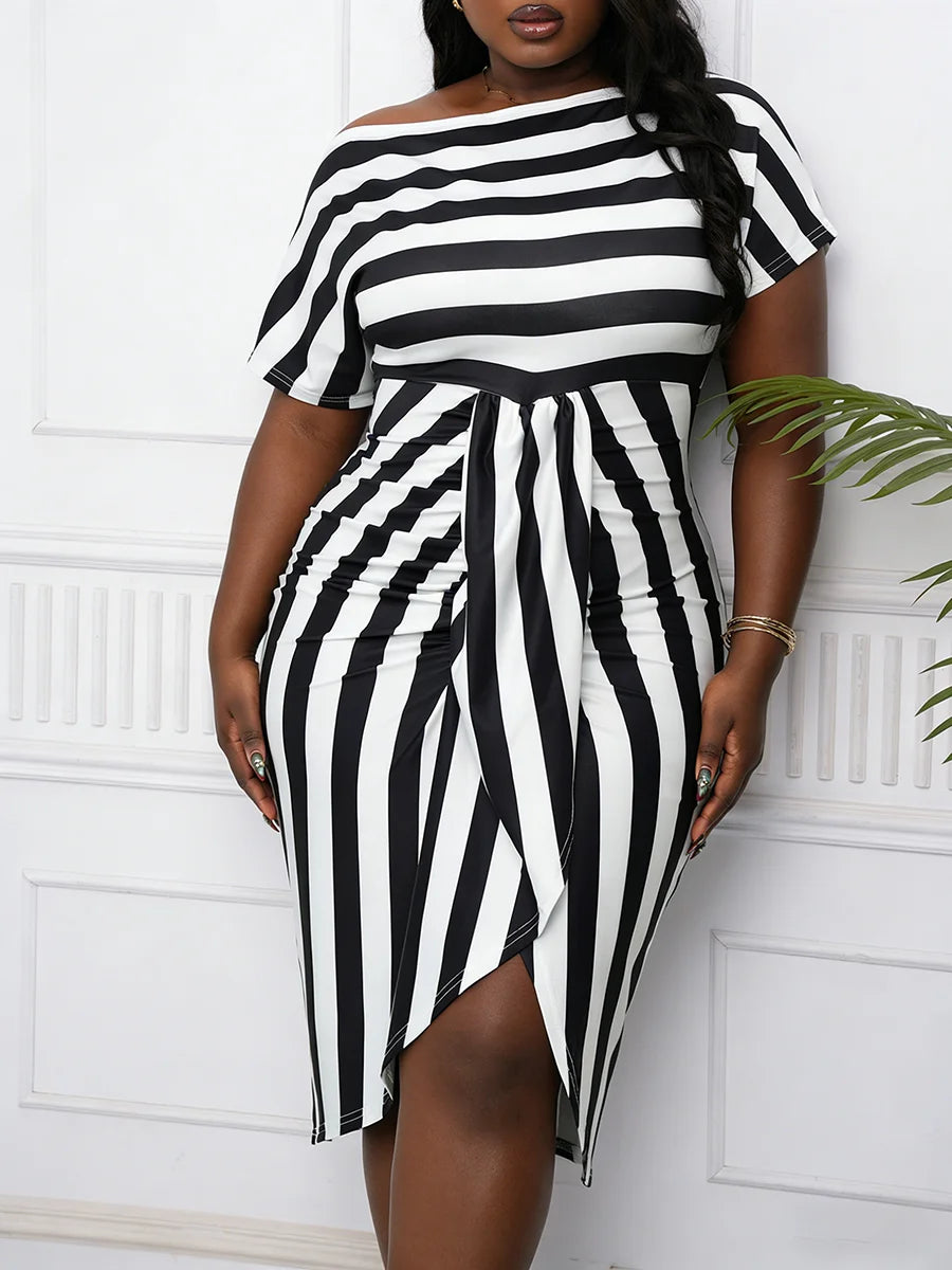 Off Shoulder Short Sleeve Striped Print Ruched Bodycon Midi Dress