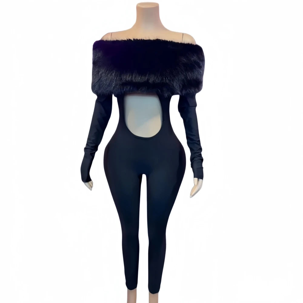 Off Shoulder Fur Hollow-out Bodycon Jumpsuit