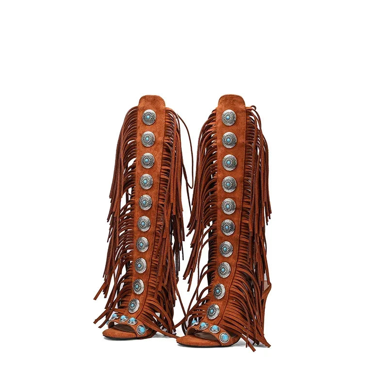 Peep Toe Sexy Lace Up Knee High Heel Shoes