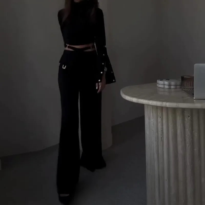 Full Sleeve Turtleneck Top Wide Leg Long Pants Set
