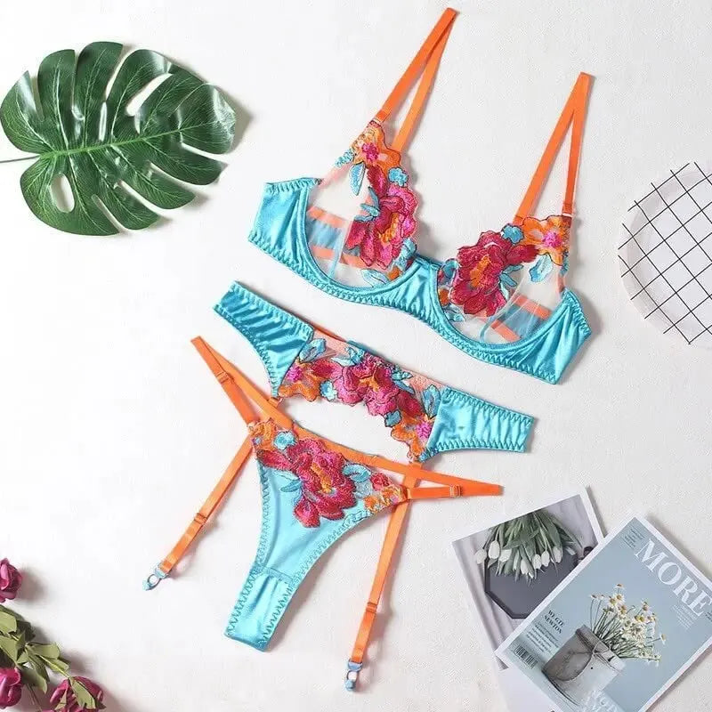Sexy Floral Lace – Strappy Bra & Panty Boudoir Lingerie Set