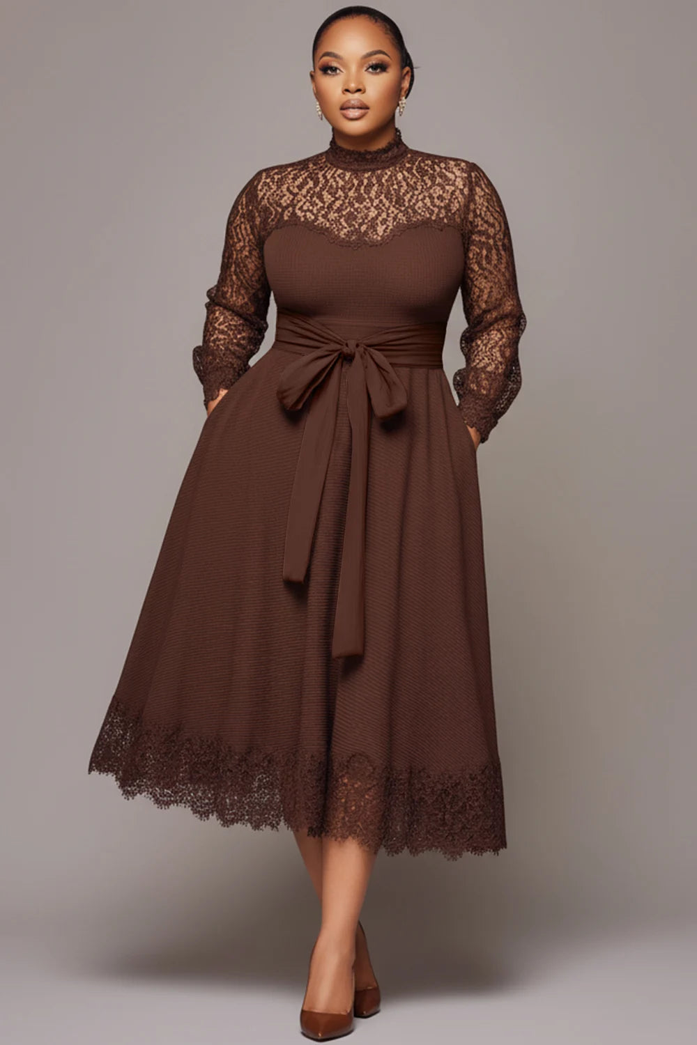 Business Casual Brown Pocket Lace Midi Dress