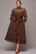 Business Casual Brown Pocket Lace Midi Dress