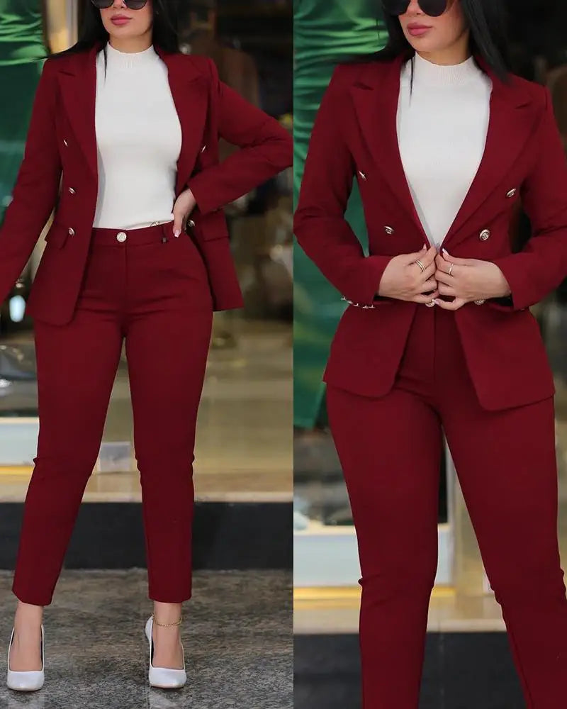 Notched Neck Long Sleeve Blazer & Elegant High Waist Work Pants Set