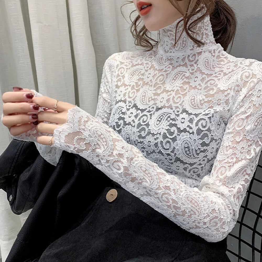 Transparent Lace Stretch Turtleneck Petal Sleeve Blouse