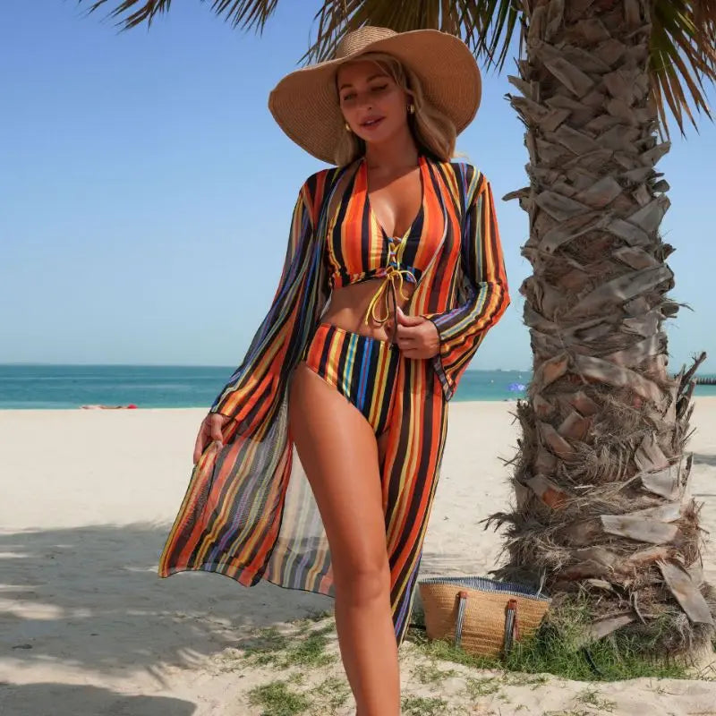 Cikini Striped Three Piece Bathing Suit With Cover Up