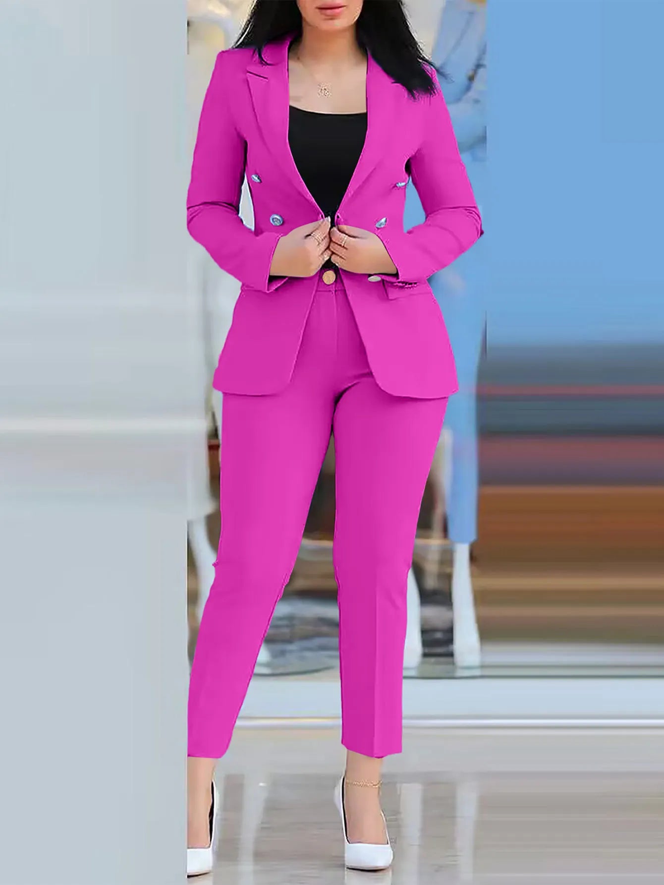 Notched Neck Long Sleeve Blazer & Elegant High Waist Work Pants Set