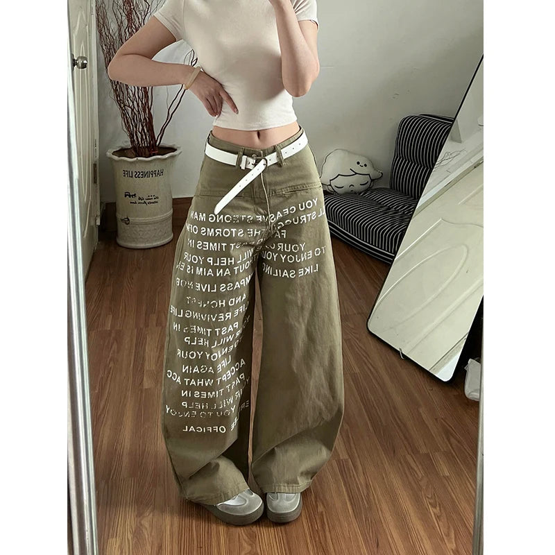Harajuku Letter Print Baggy Vintage Khaki Jeans
