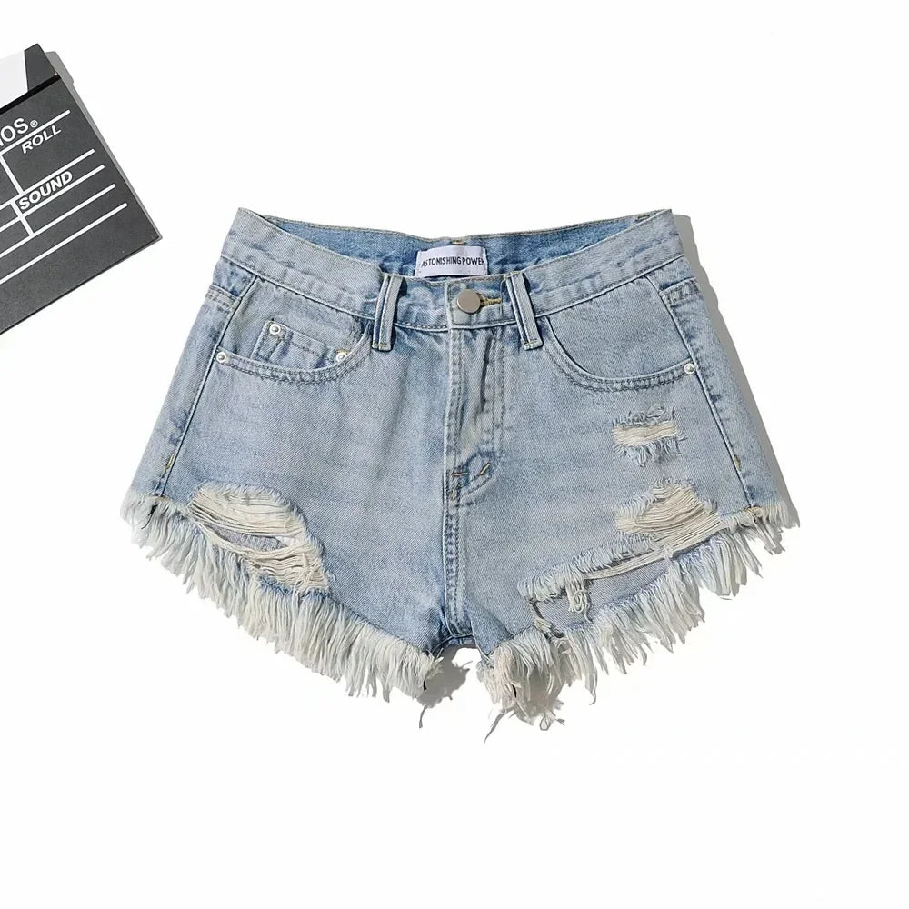 Denim Washed High Waist Hole Spliced Shorts