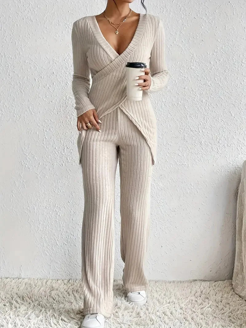 V Neck Slim Cross Tops+High Waist Pants Set