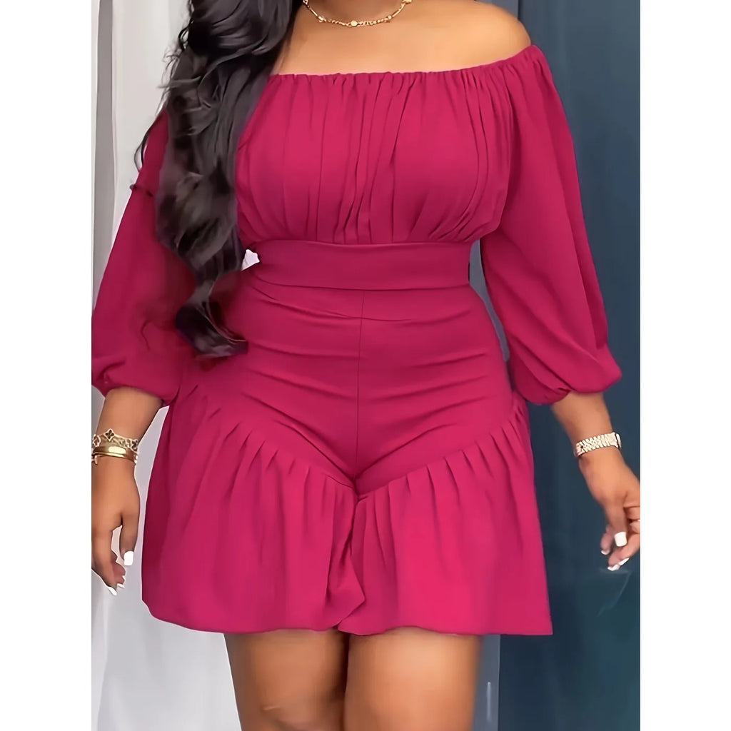 Rose Red Off-the-shoulder Three-quarter Sleeve  Fitted  Jumpsuit