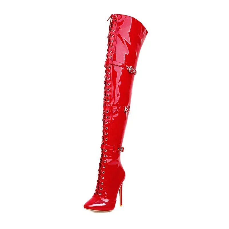 Patent Leather Thin Cross Tied Over The Knee Boots