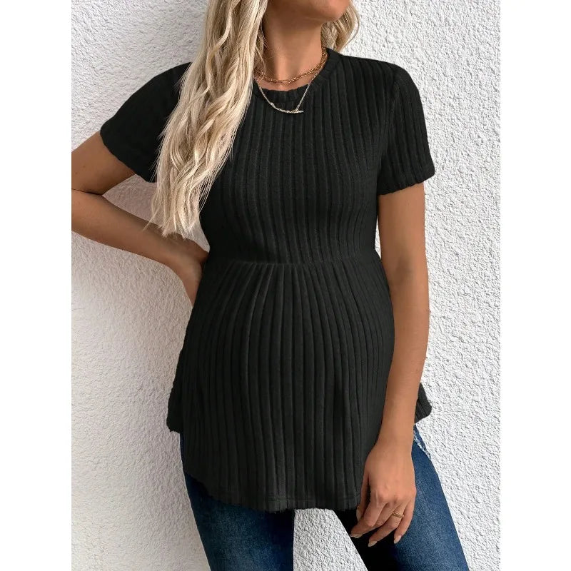 Maternity clothes Maternity Ribbed Short Sleeve Top Comfortable Pregnancy Clothes Solid Color Ruffles Knitwear Blouse T-Shirts