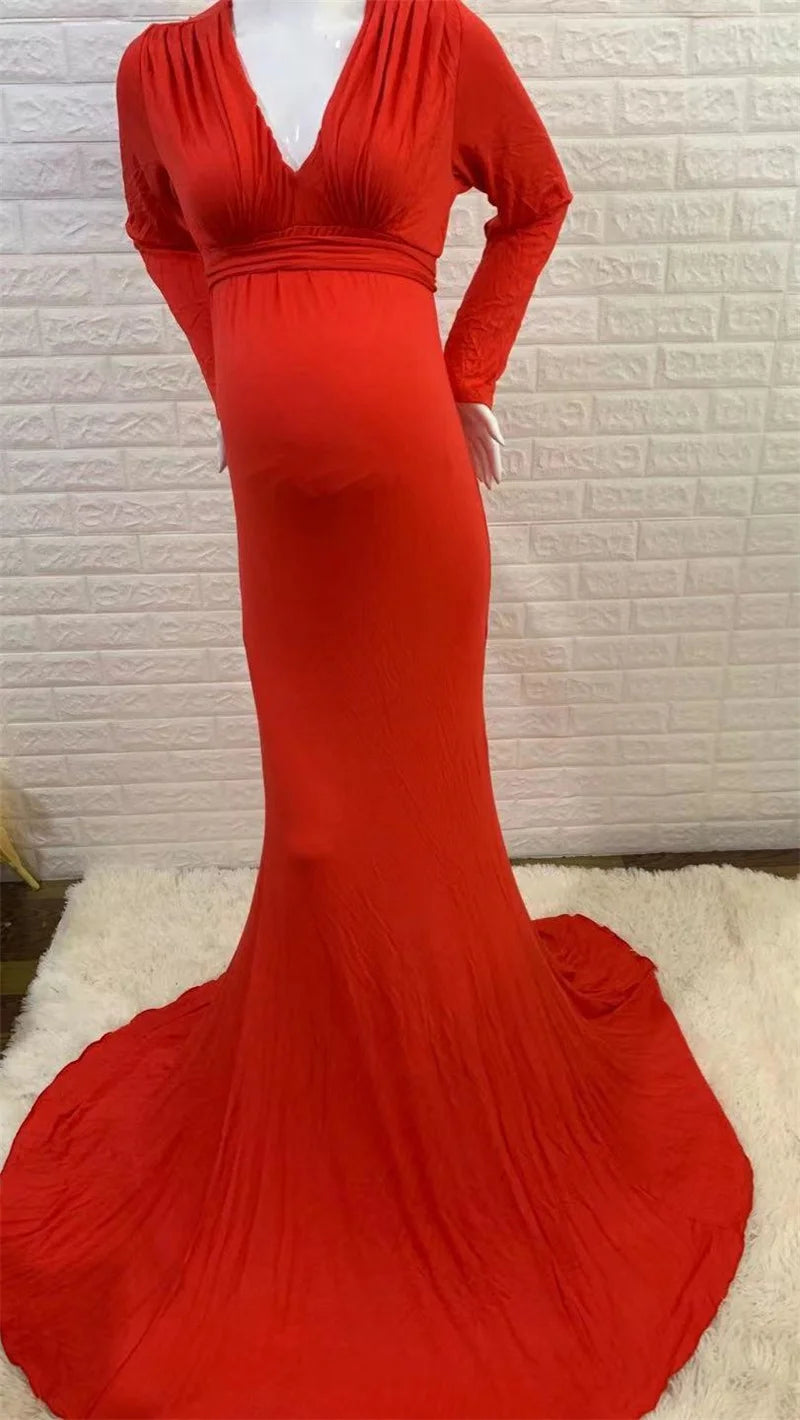 Elegant Long Sleeve V-Neck Photo Shoot Maternity Dress