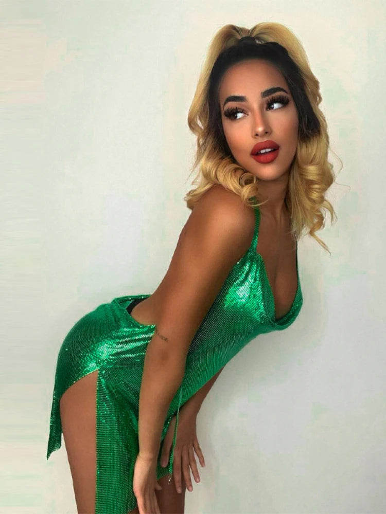 Elegant Sequin Backless Short Dress with Hanging Neck