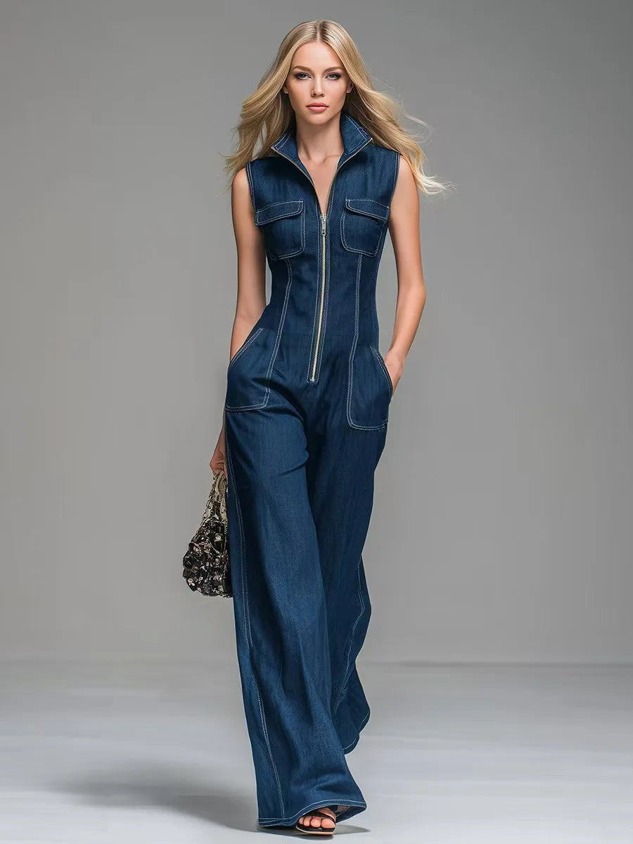 Women Sleeveless Denim Jumpsuit High Waist Wide Leg Cargo Pants Front Zipper Smart Casual Work Overalls Stretch Jean Jumpsuit