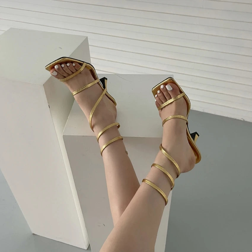 Cross Ankle Narrow Band Square Toe Heels