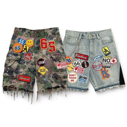 American Retro Camo Embroidery Patch Denim Short Jeans