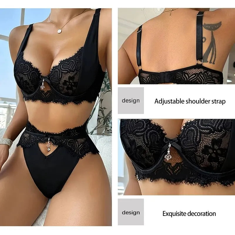 Black Lace Patchwork and Pendant Decoration Lingerie