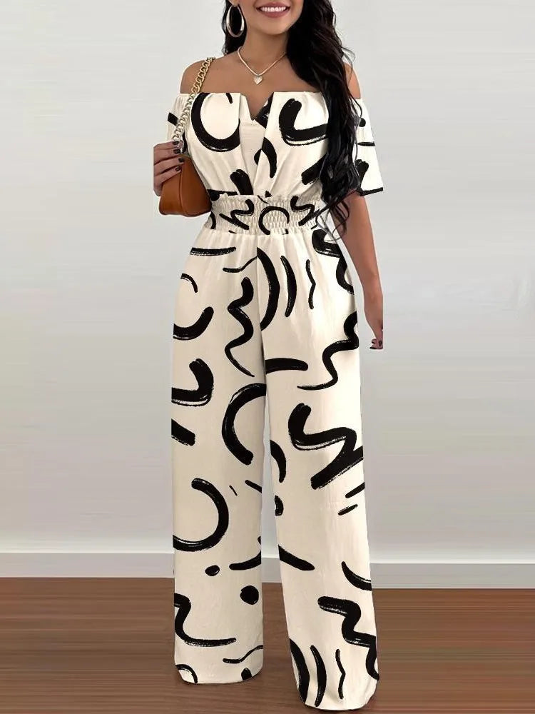 Lady Print High Waist Off Shoulder Wide Leg Pants Jumpsuit