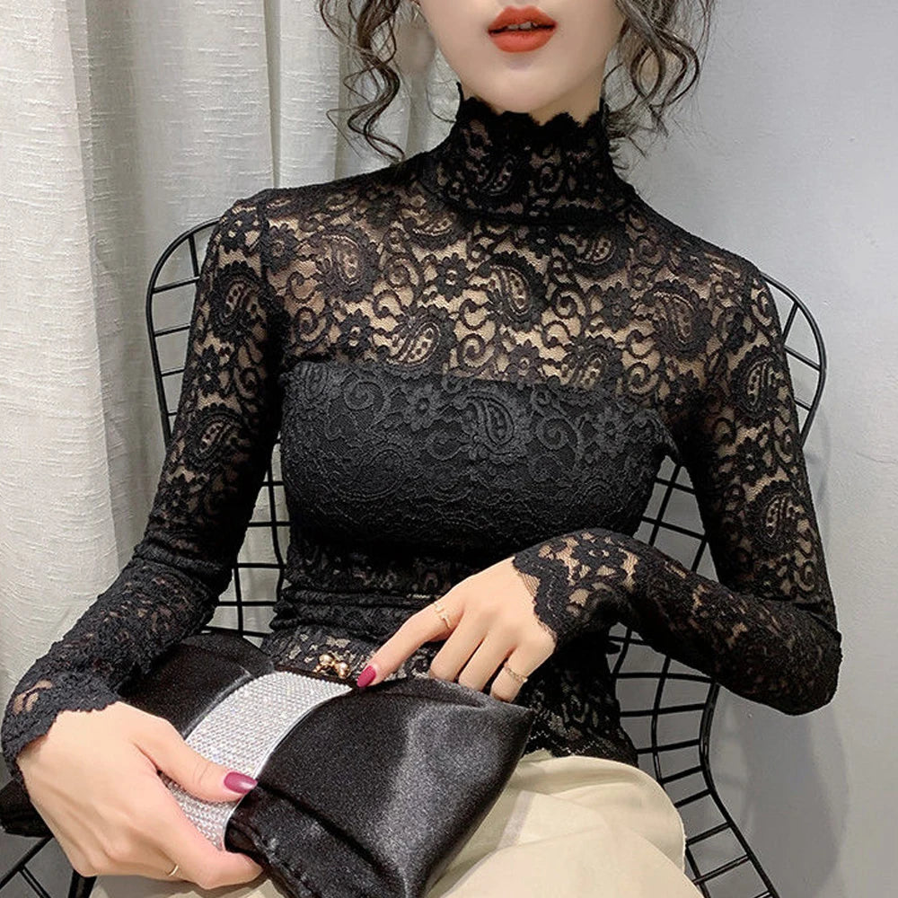 Transparent Lace Stretch Turtleneck Petal Sleeve Blouse