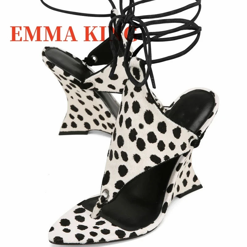 Open Toe Ankle Strappy Polka Dot Wedge Heels