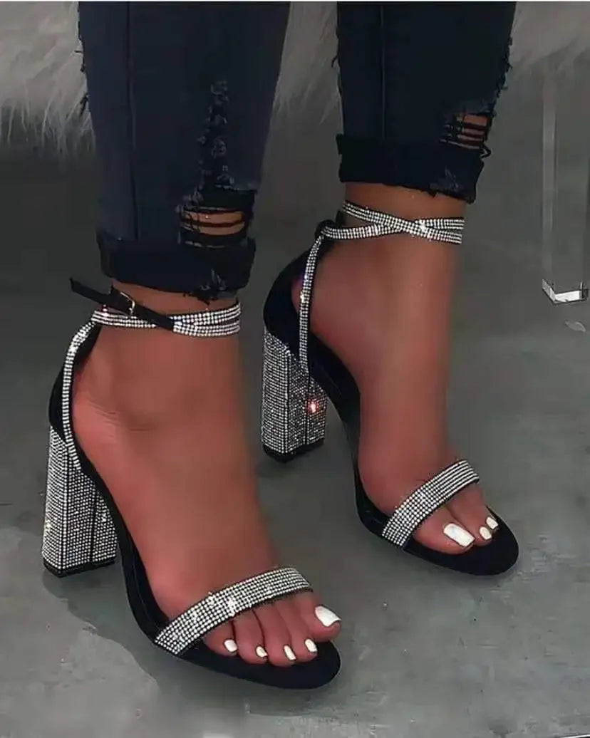 Transparent Rhinestone Block Heel Sandals