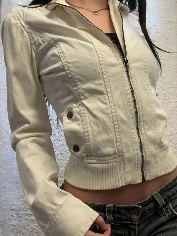 Casual Vintage  Slim Fit Cropped Zipper Jacket